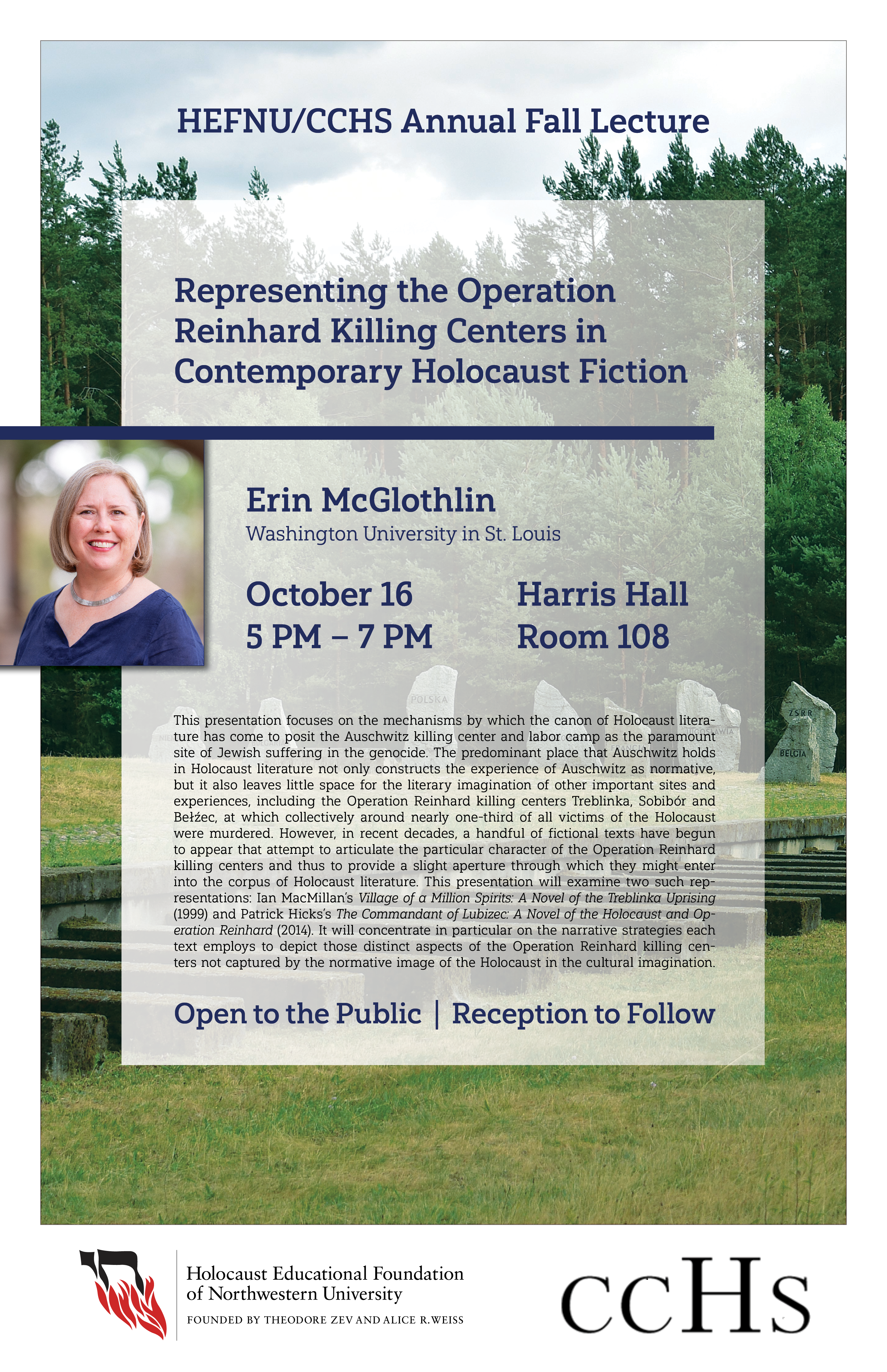 Poster for HEFNU/CCHS Fall Lecture featuring Erin McGlothlin